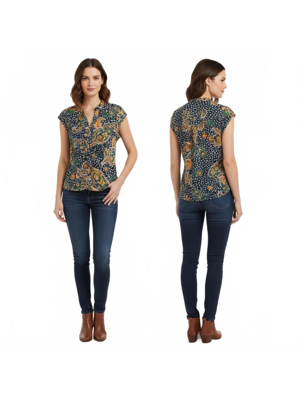 Paisley Print Blouse Sleeveless Button Down Top Career Casual S